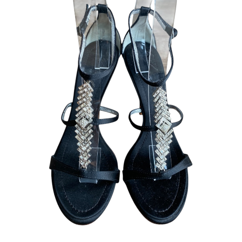 NEW GIUSEPPE ZANOTTI Black Satin Crystal Embellished Sandals, Size 38
