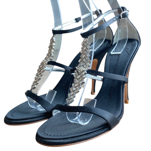 NEW GIUSEPPE ZANOTTI Black Satin Crystal Embellished Sandals, Size 38