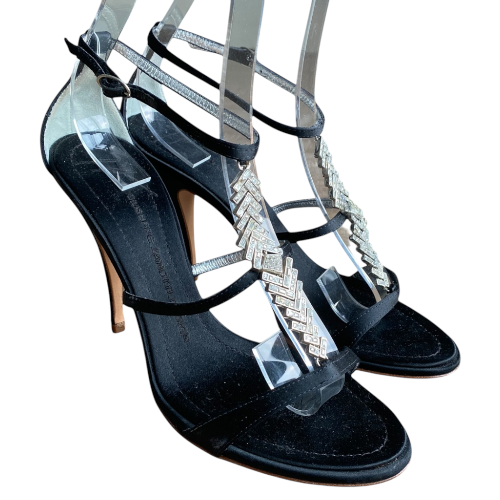 NEW GIUSEPPE ZANOTTI Black Satin Crystal Embellished Sandals, Size 38