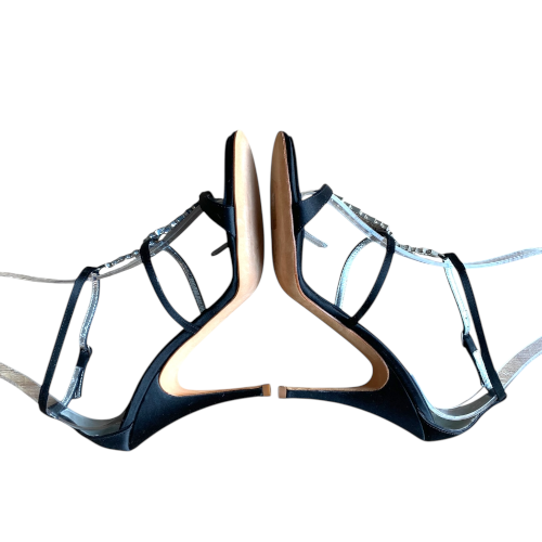 NEW GIUSEPPE ZANOTTI Black Satin Crystal Embellished Sandals, Size 38