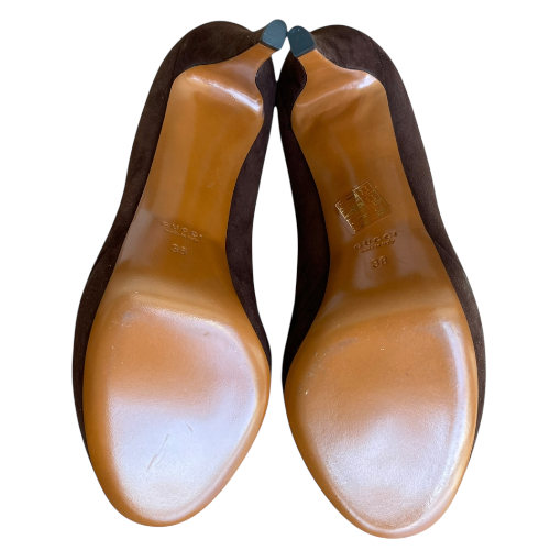 NEW GUCCI Betty Brown Suede Mid Platform Pumps, Size 38