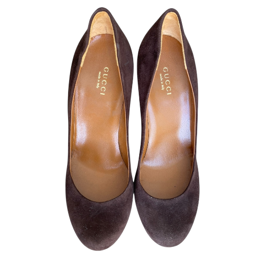 NEW GUCCI Betty Brown Suede Mid Platform Pumps, Size 38