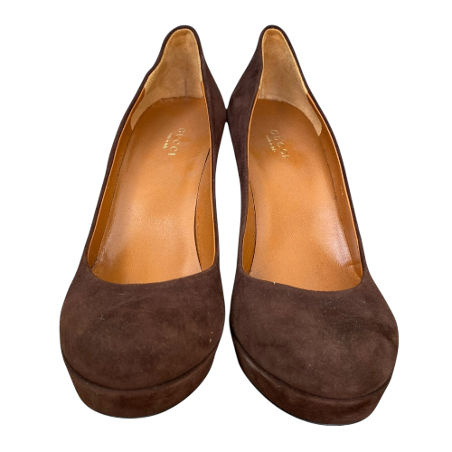 NEW GUCCI Betty Brown Suede Mid Platform Pumps, Size 38