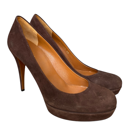 NEW GUCCI Betty Brown Suede Mid Platform Pumps, Size 38