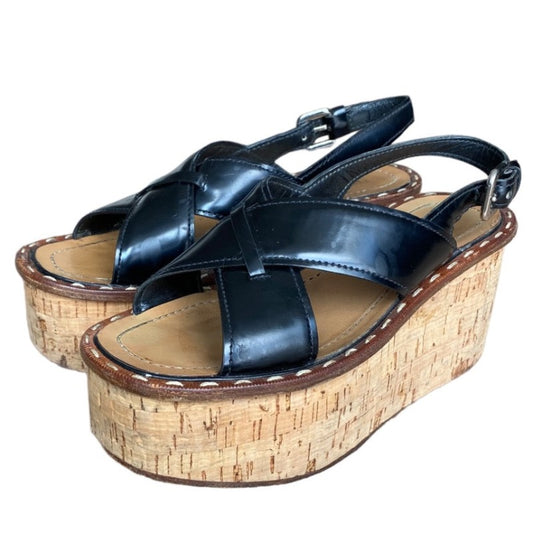 PRADA Black Crisscross Leather Slingback Flat Cork Wedge Sandals, Size 37