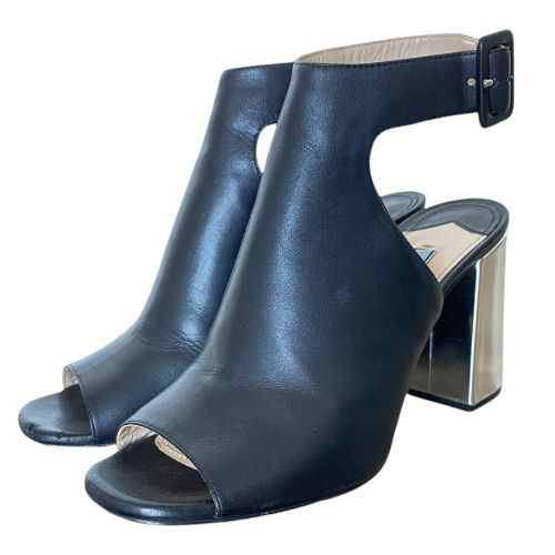 PRADA Black Leather Halter Ankle Strap Silver Chunky Heel Sandals, Size 36.5