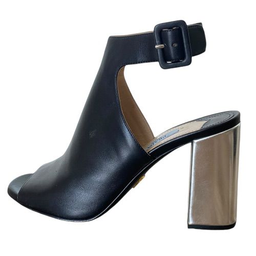 PRADA Black Leather Halter Ankle Strap Silver Chunky Heel Sandals, Size 36.5