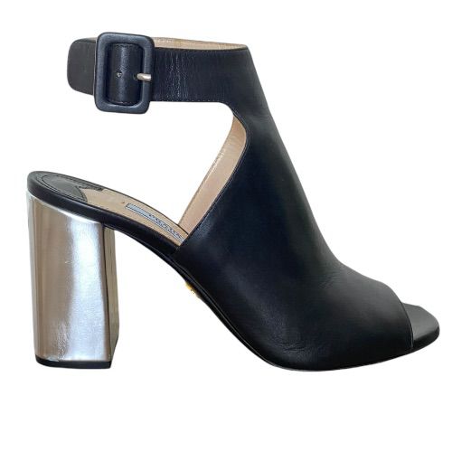 PRADA Black Leather Halter Ankle Strap Silver Chunky Heel Sandals, Size 36.5