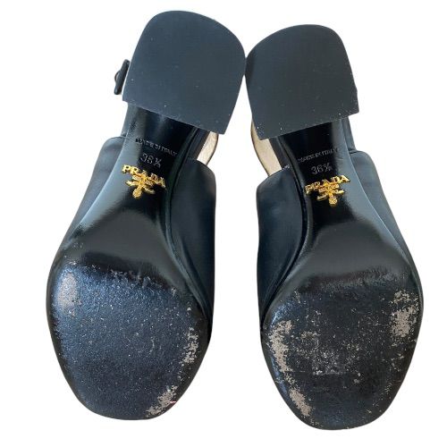 PRADA Black Leather Halter Ankle Strap Silver Chunky Heel Sandals, Size 36.5