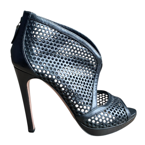 PRADA Black Perforated Leather Peep Toe Booties, Size 37