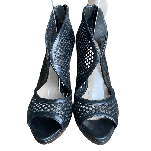PRADA Black Perforated Leather Peep Toe Booties, Size 37