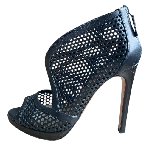 PRADA Black Perforated Leather Peep Toe Booties, Size 37