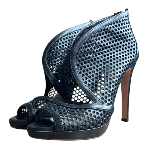 PRADA Black Perforated Leather Peep Toe Booties, Size 37