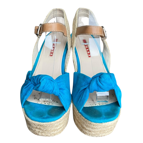 PRADA Blue Suede Espadrille Platform Cork Ankle Wrap Wedge Sandals, Size 37