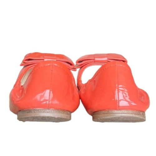 PRADA Coral Patent Leather Bow Logo Scrunch Ballerina Flats, Size 37.5