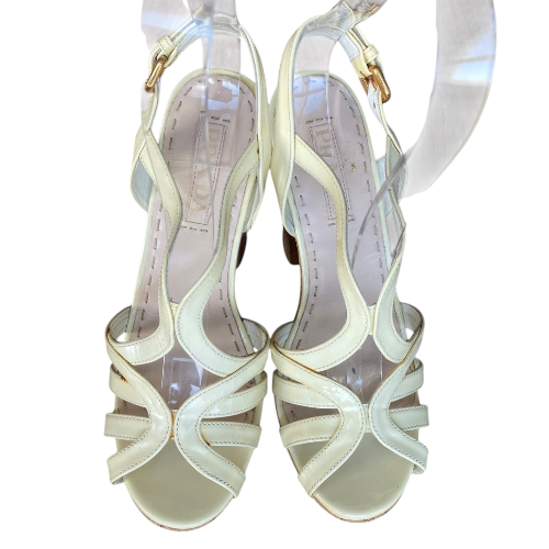 PRADA Cream Patent Leather Strappy Cork Heel Platform Sandals, Size 38