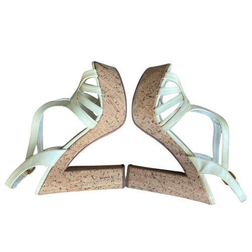 PRADA Cream Patent Leather Strappy Cork Heel Platform Sandals, Size 38
