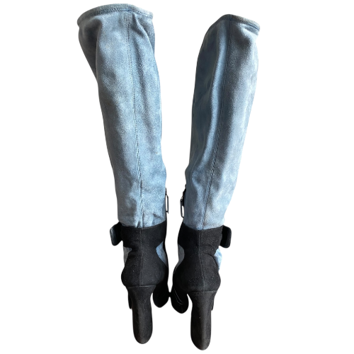 PRADA Mary Jane Illusion Black & Blue Suede Knee High Boots, Size 37