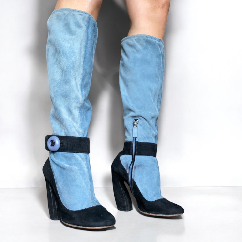 PRADA Mary Jane Illusion Black & Blue Suede Knee High Boots, Size 37