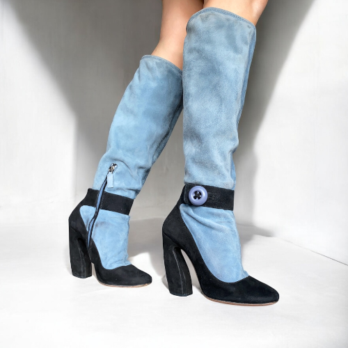 PRADA Mary Jane Illusion Black & Blue Suede Knee High Boots, Size 37