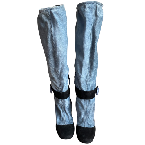 PRADA Mary Jane Illusion Black & Blue Suede Knee High Boots, Size 37