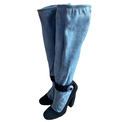 PRADA Mary Jane Illusion Black & Blue Suede Knee High Boots, Size 37