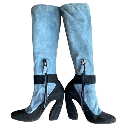 PRADA Mary Jane Illusion Black & Blue Suede Knee High Boots, Size 37
