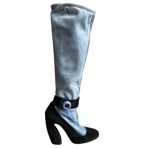 PRADA Mary Jane Illusion Black & Blue Suede Knee High Boots, Size 37