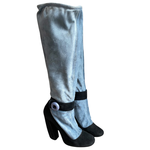 PRADA Mary Jane Illusion Black & Blue Suede Knee High Boots, Size 37