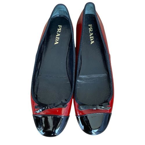 PRADA Red Patent Leather Black Patent Bow & Cap Toe Ballet Flats, Size 37