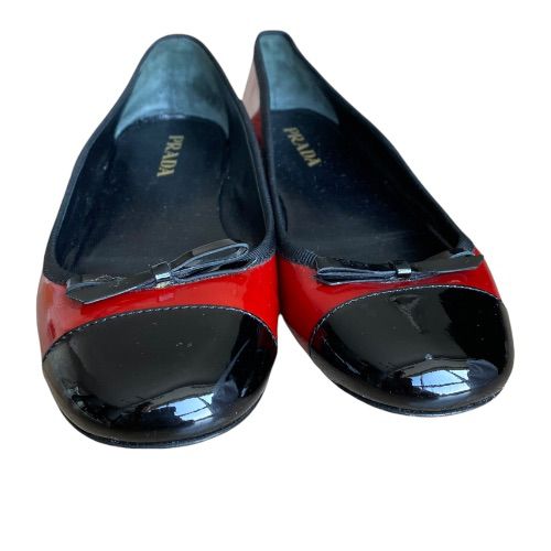 PRADA Red Patent Leather Black Patent Bow & Cap Toe Ballet Flats, Size 37