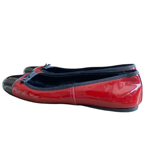 PRADA Red Patent Leather Black Patent Bow & Cap Toe Ballet Flats, Size 37