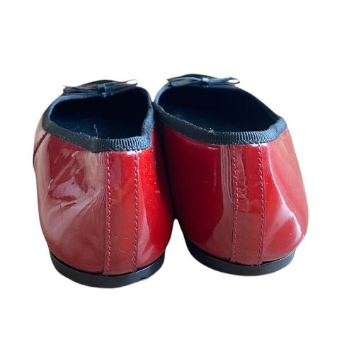PRADA Red Patent Leather Black Patent Bow & Cap Toe Ballet Flats, Size 37