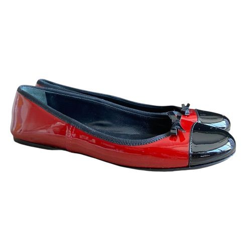 PRADA Red Patent Leather Black Patent Bow & Cap Toe Ballet Flats, Size 37