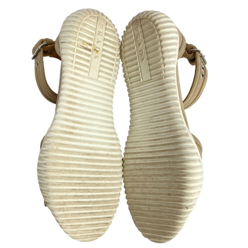 PRADA Sport Beige Donna Gabardine Canvas Ankle Strap Flat Sandals, Size 37