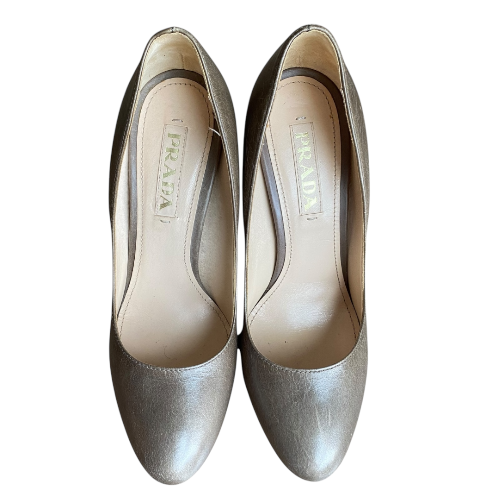 PRADA Taupe Gray Leather Platform Pumps, Size 38.5