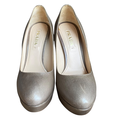 PRADA Taupe Gray Leather Platform Pumps, Size 38.5