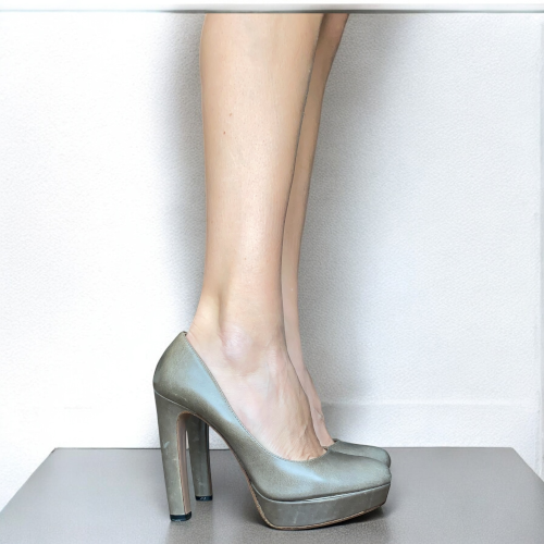 PRADA Taupe Gray Leather Platform Pumps, Size 38.5