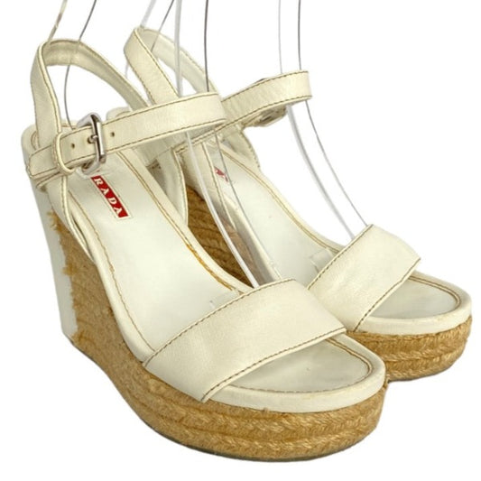 PRADA White Leather Ankle Strap Espadrille Wedge Sandals, Size 36.5