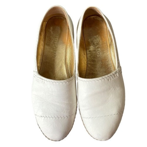 PRADA White Leather Platform Espadrille Flats, Size 37
