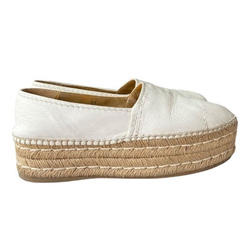 PRADA White Leather Platform Espadrille Flats, Size 37