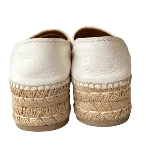 PRADA White Leather Platform Espadrille Flats, Size 37