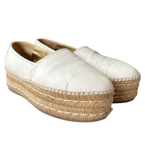 PRADA White Leather Platform Espadrille Flats, Size 37