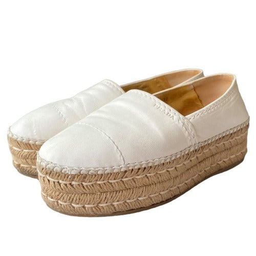 PRADA White Leather Platform Espadrille Flats, Size 37