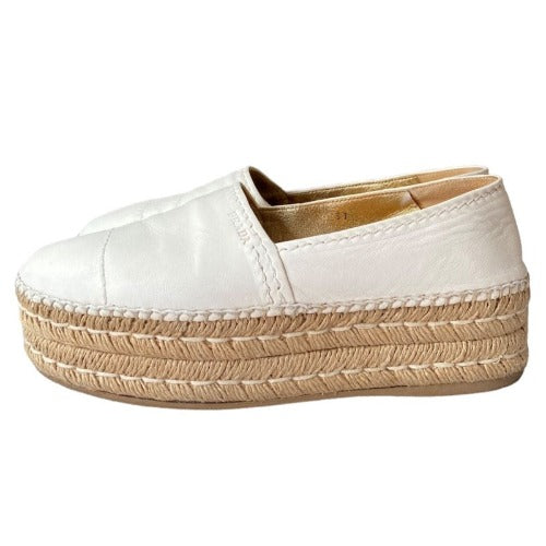 PRADA White Leather Platform Espadrille Flats, Size 37