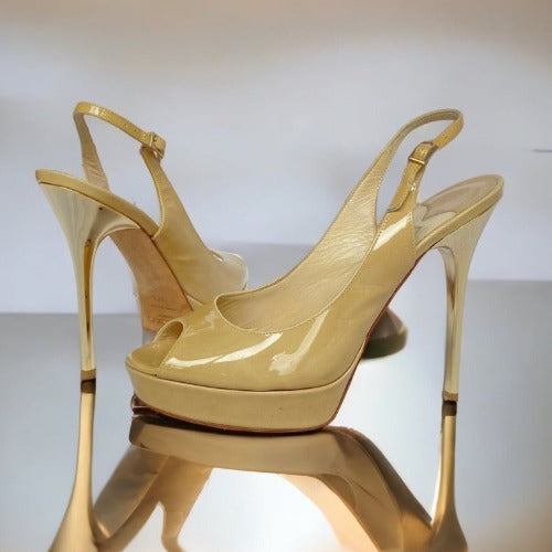 JIMMY CHOO Shaw Nude Patent Leather Peep-Toe Platform Slingback Sandals, 37.5