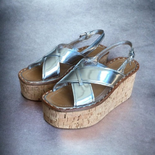 PRADA Silver Crisscross Leather Slingback Flat Cork Wedge Sandals, Size 40