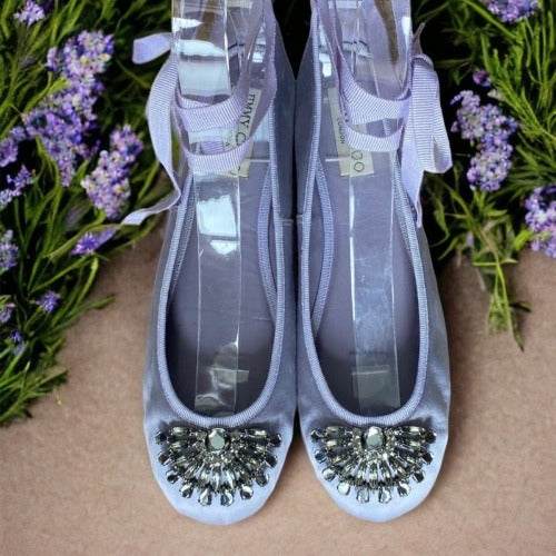 JIMMY CHOO Grace Lavender Satin Ballerina Flats, Size 37.5
