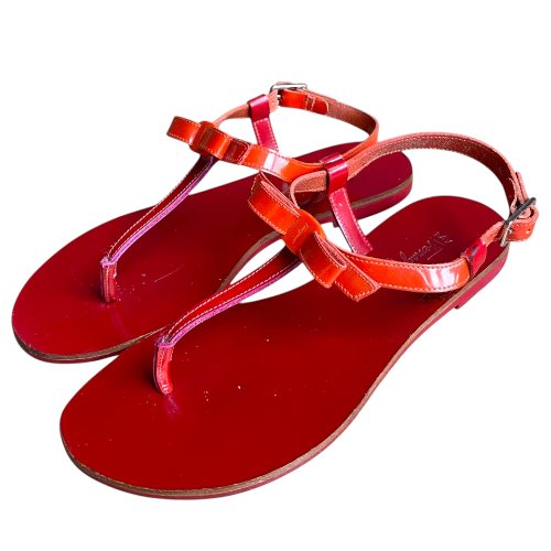 SALVATORE FERRAGAMO Red & Orange Patent Leather Bow Flat Thong Sandals, Size 36