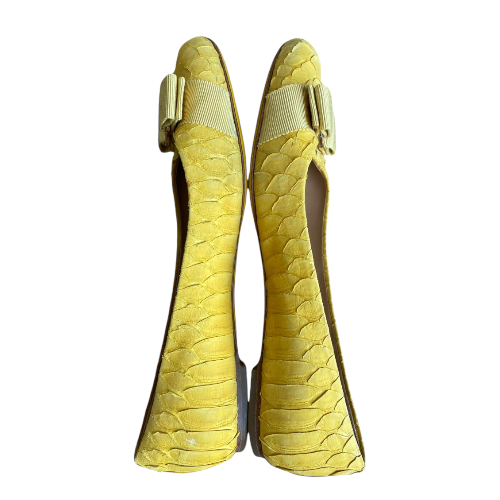 SALVATORE FERRAGAMO Yellow Python Suede Varina Ballet Flats, Size 36.5